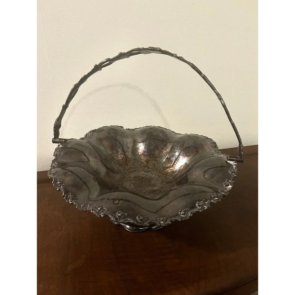 Nov 25, 1851 Wedding Cake Silver Plate Basket Monogram Antique Handled Ornateget